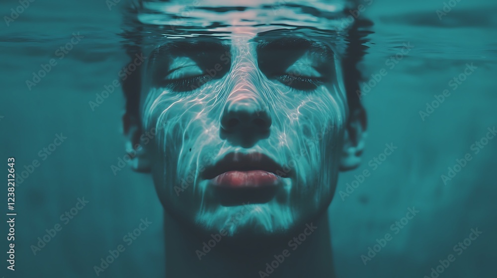 Aufkleber a serene underwater portrait features a person's face partially submerged, illuminated by soft light