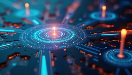 Futuristic tech display shows digital payment gateway network. Abstract tech interface with glowing data streams. Modern transaction processing system. Complex info exchange visualized. Electronic