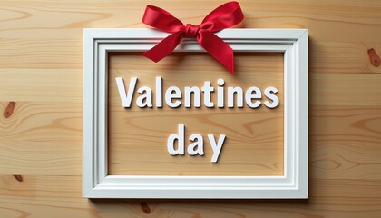 White Valentine's Day frame on a rustic wooden background with a red ribbon tie