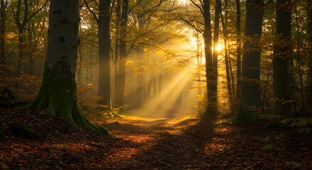 Golden Sunlight Forest Path Autumn Landscape Photography
