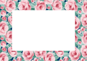 水彩タッチで描いたふんわりした薔薇の花の模様の四角い余白のカードフレーム
