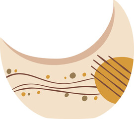 Beige crescent with wavy brown lines, yellow and brown dots, and a yellow semicircle with brown lines inside, creating a modern and stylish abstract design