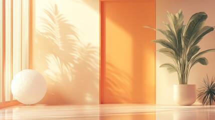 Obraz premium Sunny room, plant, sphere, shadow, interior, minimalist, design, background, presentation, mockup