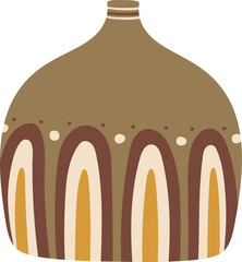 Modern brown vase with abstract yellow and beige decoration and white dots standing on white background is perfect for any interior design project