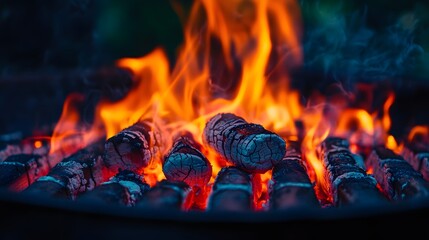 Blazing Embers: A close-up shot captures the mesmerizing dance of flames as they lick at burning embers, casting a warm, inviting glow against the backdrop of a dark night.  