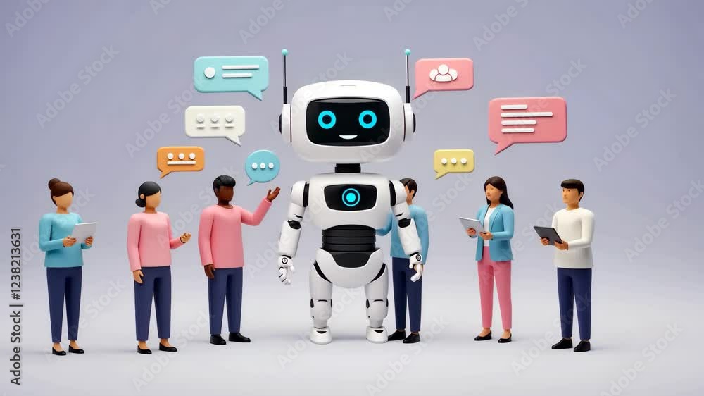 Poster robot, people and communication with ai, chatbot and technology for digital support, customer servic