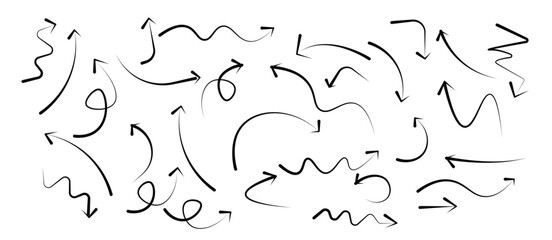 Arrows hand drawn doodle icons set on white background. Curved cartoon arrows sketches collection. Sign, Symbol, Hand drawn arrow collection
