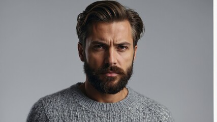 Obraz premium Man with beard and stylish sweater poses confidently in neutral lighting against a simple backdrop