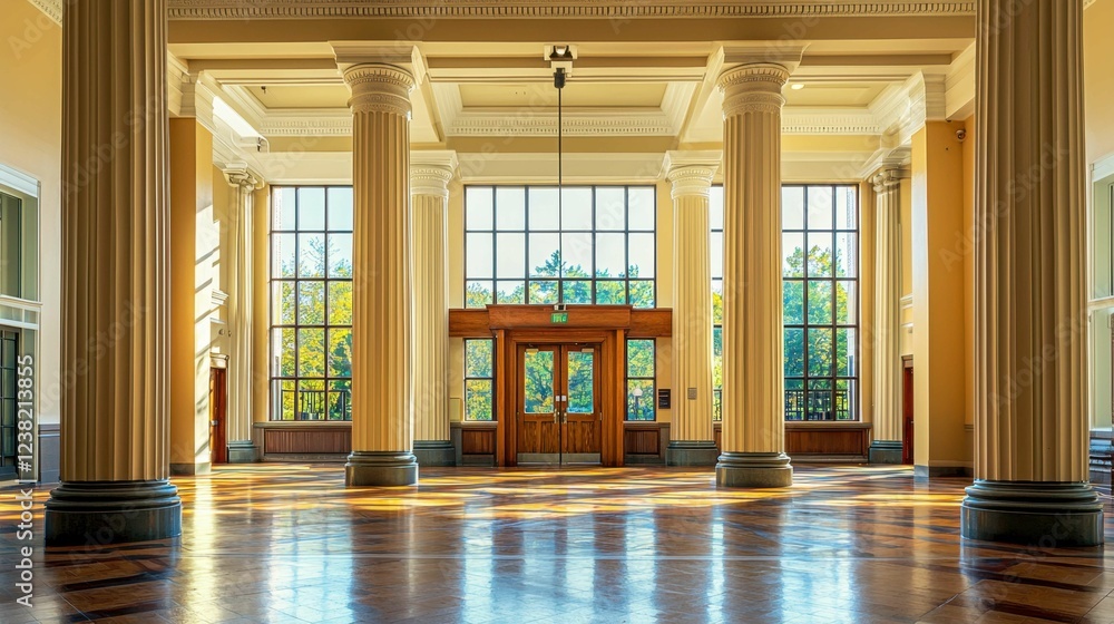 Poster bright and elegant hallway with columns and large windows
