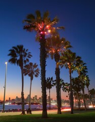 Obraz premium Palm trees bask in the glow of warm golden streetlights as twilight descends over a lively city. The vibrant urban backdrop invites relaxation and an escape to a beachside paradise
