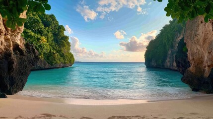 Obraz premium Tropical island nature concept. A serene beach view with clear water and lush cliffs under a bright sky.