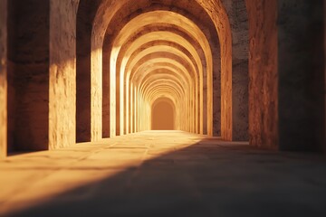 Naklejka premium A serene corridor with archways illuminated by soft light, creating a tranquil and inviting atmosphere.