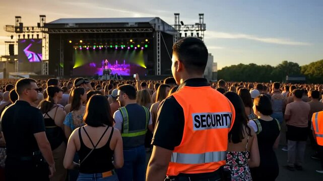 Security guard, event and crowd with uniform for safety, control and protection, concert with people, surveillance and support at festival, outdoor