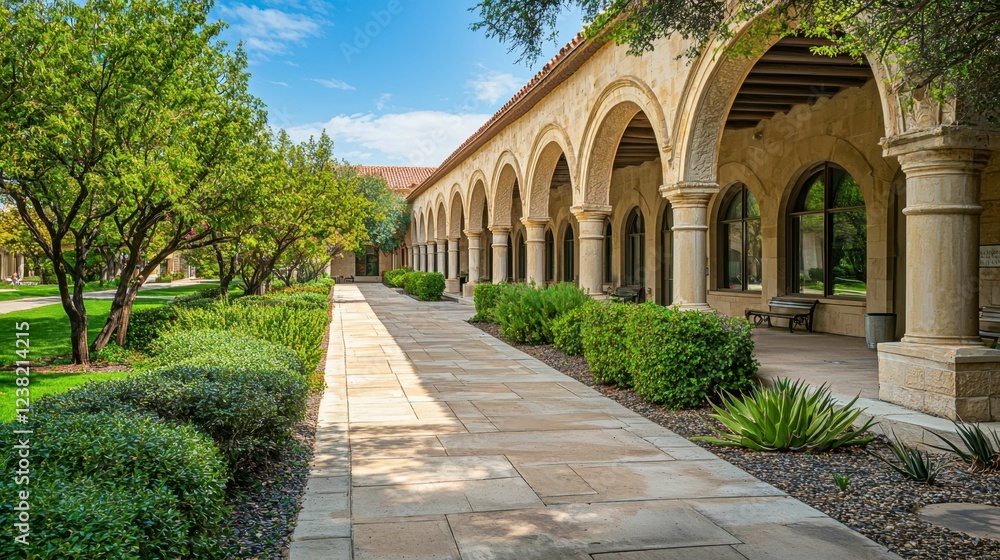 Poster serene architecture with arches and pathway surrounded by trees