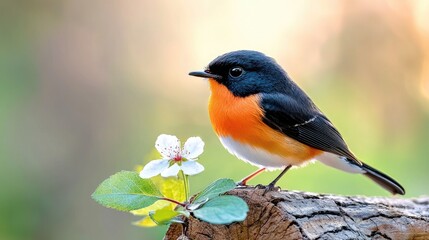 Fototapeta premium Colorful bird perched on wood, spring blossom, nature background, wildlife photography