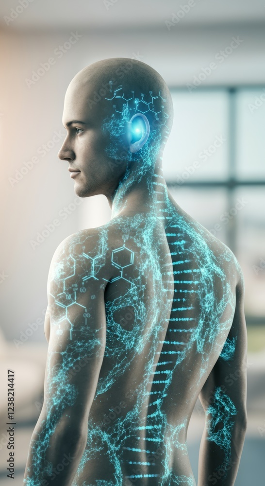 Aufkleber futuristic cyborg man with virtual neural interface and digital brain in modern setting