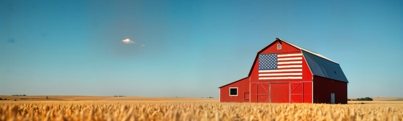Obraz premium Red barn with American flag painted on side stands in golden wheat field under clear blue sky. Rural countryside landscape. Ideal for patriotic themes memorial days related to American veterans.