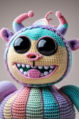 Obraz premium Cute Crocheted Monster Toy with Horns and Big Eyes Smiling Open Mouth Bright