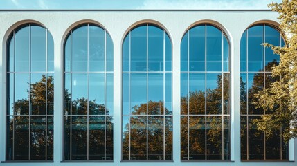 Modern architecture with large windows and reflections of nature