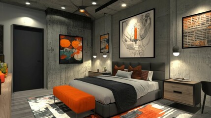 Modern Industrial Bedroom Design with Vibrant Artwork and Accent Decor