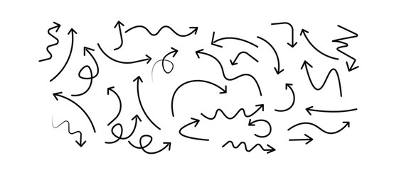 Arrows hand drawn doodle icons set on white background. Curved cartoon arrows sketches collection. Sign, Symbol, Hand drawn arrow collection
