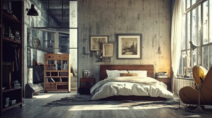 Cozy Industrial Bedroom with Natural Light and Minimalist Decor