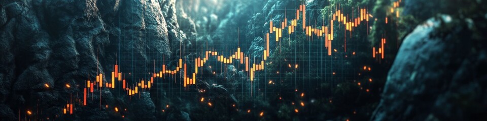 Glowing Graph Chart On Dark Rocks Showing Market Volatility, Financial Analysis Concept,