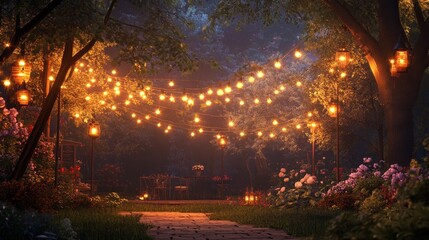 romantic evening in a garden, with string lights twinkling in the trees, soft music playing, and the night sky providing a peaceful backdrop for a cozy gathering