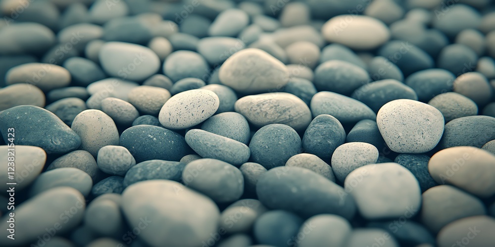 Poster a close-up view of various smooth, rounded stones arranged in a natural pattern, showcasing their un
