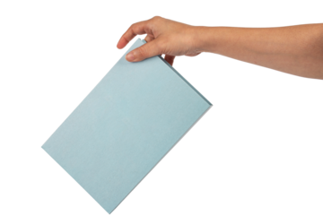 Blank blue book cover in hand on transparent background.