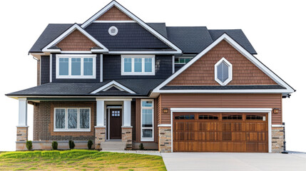 Modern suburban house with transparent background featuring a two-car garage and grassy lawn