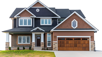 Modern suburban house with transparent background featuring a two-car garage and grassy lawn