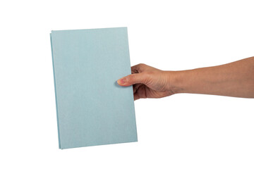 Obraz premium Blank blue book cover in hand on transparent background.