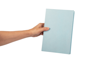Blank blue book cover in hand on transparent background.