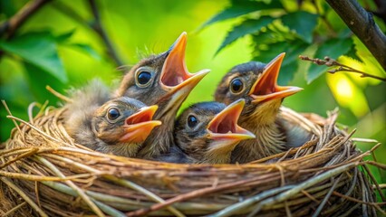 Obraz premium Nestling baby birds chirping in a tree nature photography bright green environment close-up viewpoint wildlife concept
