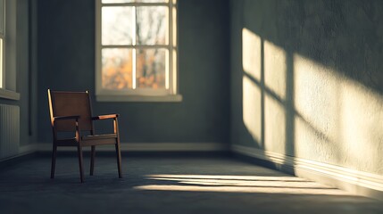 Fototapeta premium A solitary wooden chair sits in a sunlit, empty room, casting long shadows on the floor, evoking a sense of tranquility and introspection.