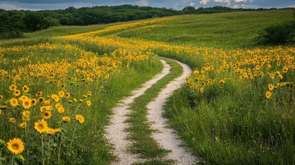 rural path winding through a sunflower field in full bloom, creating a vibrant and cheerful landscape.