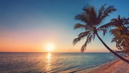 Fototapeta premium At dawn, a breathtaking tropical sunrise illuminates the horizon, casting warm hues over a tranquil beach. Leaning palm trees add to the picturesque setting, perfect for a serene getaway