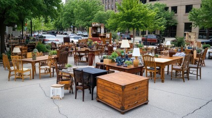 Vintage furniture and decor items create an inviting outdoor display at the store entrance, highlighting unique pieces and craftsmanship