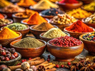 Fototapeta premium High-resolution stock photo: vibrant spices and nuts in earthenware bowls, captured with tilt-shift for charming miniature effect.