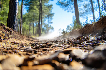 Low-angle view of a thawing forest path with melting snow and exposed ground, capturing the essence of seasonal change in nature..