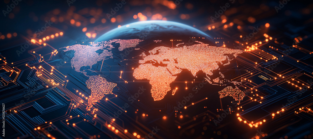 Poster abstract digital world map with circuit board pattern, glowing lights, and futuristic design. this r