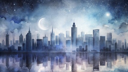 Fototapeta premium Enchanting nighttime cityscape with crescent moon and starry sky reflection