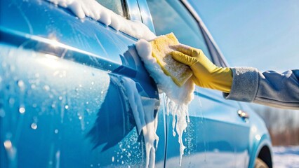 Hand washing blue car with suds using yellow sponge and gloves under bright sunlight