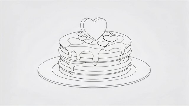 recommend clip art: Heart-shaped pancakes with syrup drizzle in black and white outline