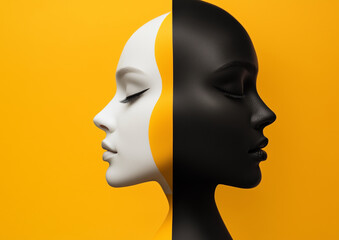 Modern abstract sculpture of two human faces in black and white seamlessly merged together against bright yellow background symbolizing duality contrast and balance in minimalistic artistic compositio
