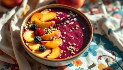 Fototapeta premium Vibrant berry smoothie bowl with fresh peaches and seeds on decorative fabric