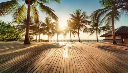 Fototapeta premium Morning sunlight filters through tall palm trees, creating a serene atmosphere over a wooden deck. An idyllic escape awaits on this tropical resort, beckoning vacationers