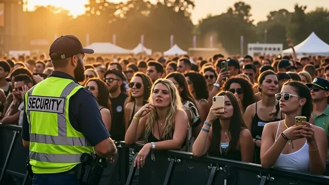Security guard, crowd and music festival at event, safety and concert with people, african american man in uniform for control, protection and surveillance, outdoor