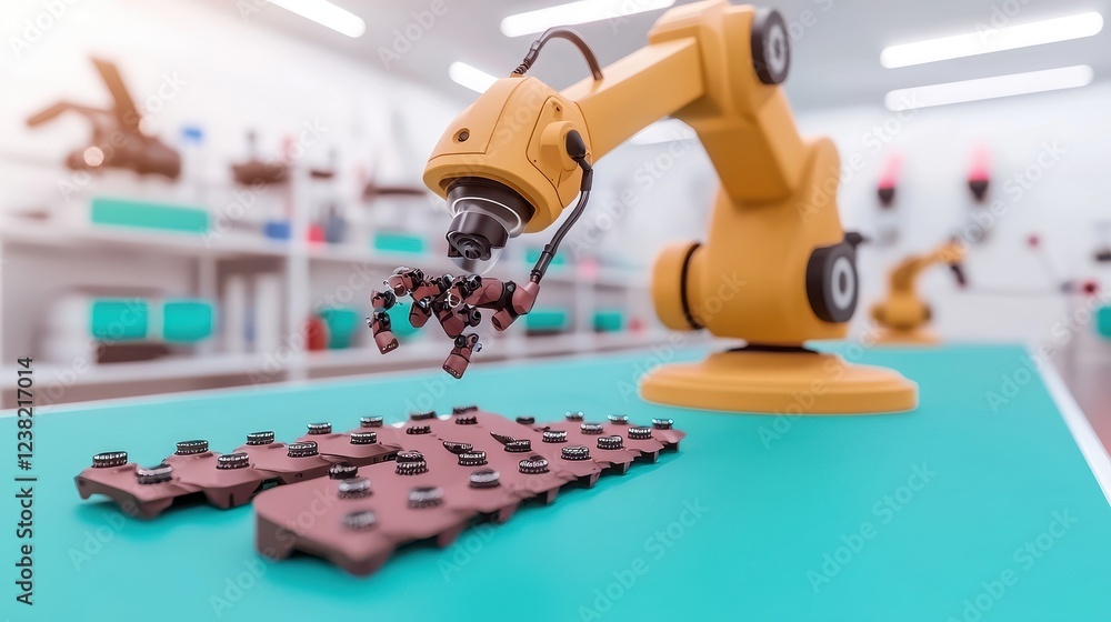 Poster robotic arm assembling parts in modern factory setting